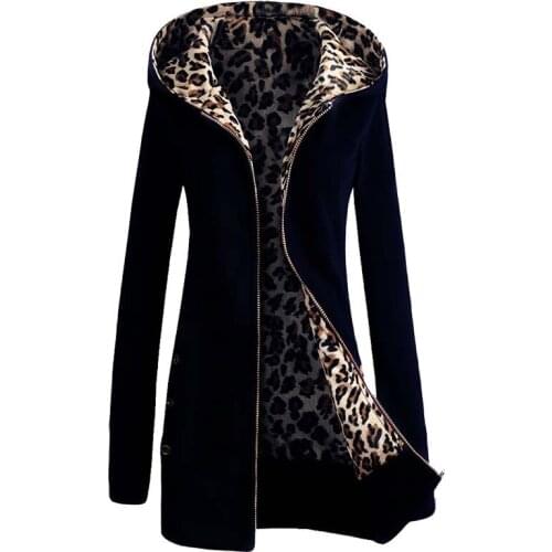 Women Leopard Coats Autumn Winter Fashion Long Sleeve Zipper Warm Thick Hoodies Sweatshirts Female Streetwear Oversized Jacket