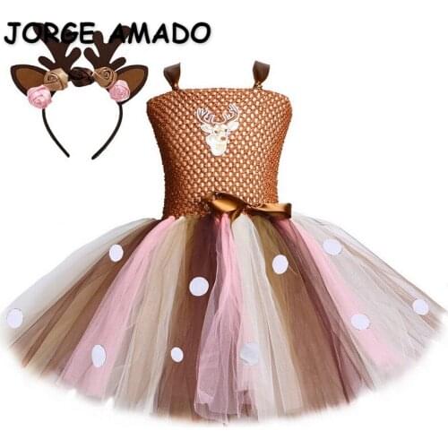 2021 New Summer Girls Dress Cartoon Deer Flowers Bow Coffee Tutu Princess Dress with Headwear Cute Clothes E048