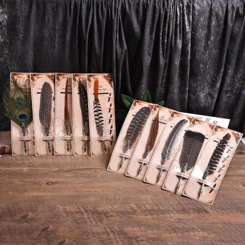 Euro Style Retro Feather Dip Pen Business Gift Signature Pen Art Fountain Pen Gift Box Set With 5 Nib Office Writing Stationery