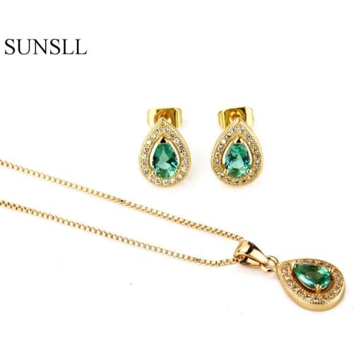 SUNSLL Golden Color Copper Multicolor Crack Cubic Zirconia Stud Earrings And Pendant Necklaces Womens Fashion Jewelry Sets