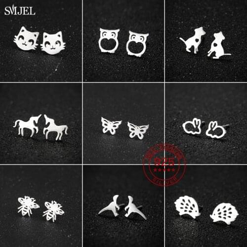 925 Sterling Silver Cat Earrings for Girls Child Mini Bee Butterfly Unicorn Owl Earrings Hedgehog Studs sterling-silver-jewelry