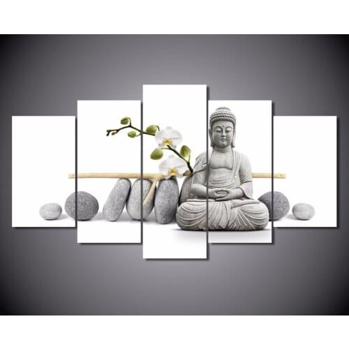 Modern Canvas Painting Buddhism Wall Art Frame Home Decor Pictures 5 Pieces Zen Buddha With Orchid Posters HD Printed