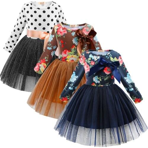 Spring autumn baby girl clothes polka dot princess dress long sleeve Polka Dot floral dress flower puff dress 18Months-7 Years