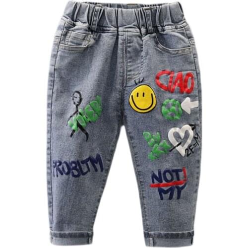 Top Quality Spring Cartoon Kids Doodle Jeans 2-7T Children Pants Baby Boys Girls Denim Trousers Infant Clothing Broken Clothes