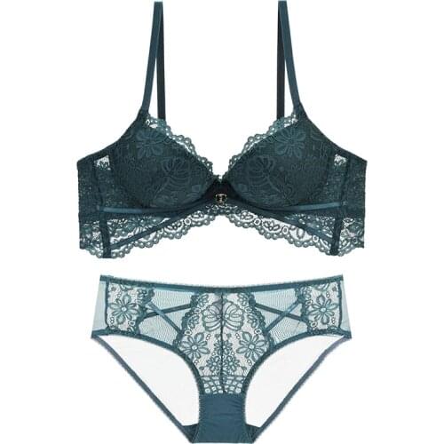 Green Lace Push Up Bra And Panty Sets For Women Sexy Lingerie Thick Cotton Female Underwear Set Red Black B C D Cup 32 34 36 38
