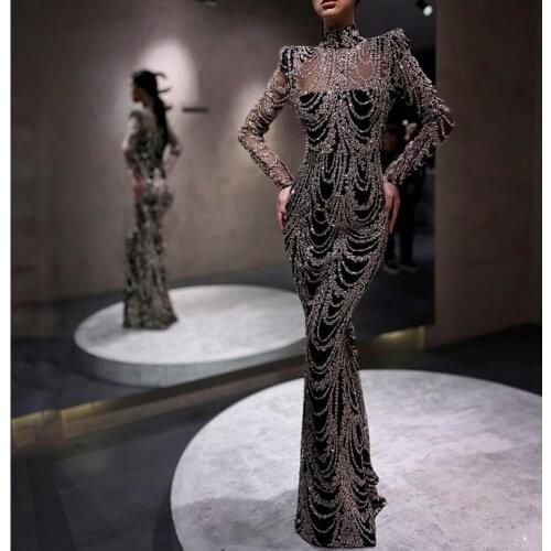 Yeinchy ladies High Neck silver Sequins See Though Women Maxi Dresses Elegant Long Sleeve Female stretch Party Dresses FY2030