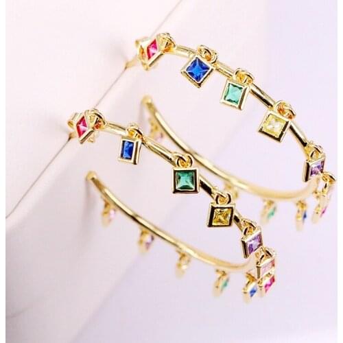 2Pairs, Rainbow New Gold Filled Micro Pave CZ Colorful Geometric Stud Earring Crystal Zirconia Girl Women Jewelry