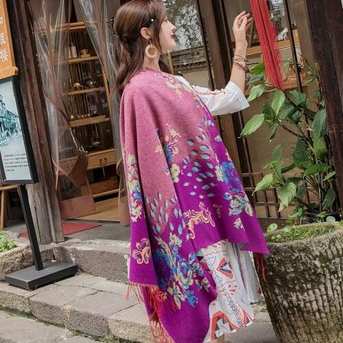 Women Autumn Winter Cashmere Pashmina Shawl Scarf Floral Jacquard Square Head Scarves Thick Warm Tassel Blanket Bufanda Mujer