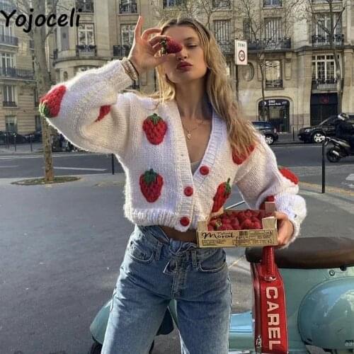 Yojoceli Sexy strawberry appliques women knitted cardigan Autumn winter sweater outerwear Fashion casual knitting cardigan