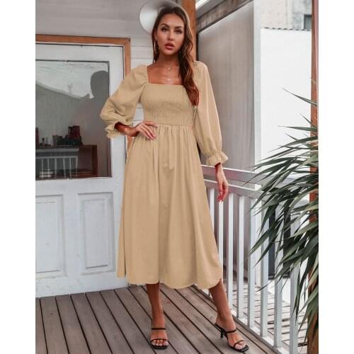 Women Spring Autumn Solid Color A-Line Dresses Shrinkage Square Collar Long Sleeve Slim Long Dress For Woman Robe Femme Vestidos