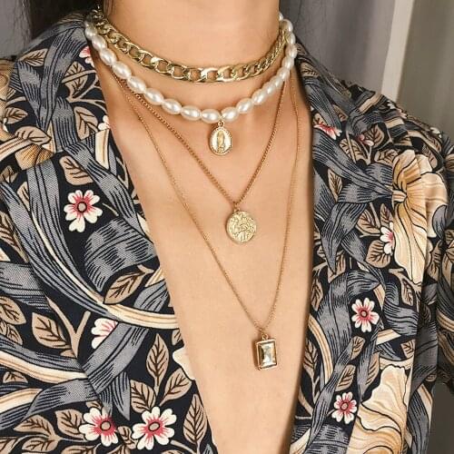 Bohemia for Women Fashion Imitation Pearls Cube Crystal Pendant Necklace Retro Round Shape Multilayer Necklaces Jewelry