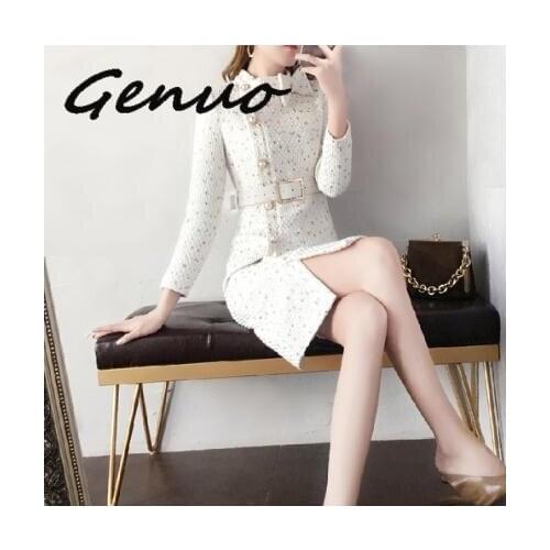 2019 New Arrival Autumn And Winter Runway Women Elegant Tweed Dress Bow Collar Long Sleeve Female Fashion Chic Dresses Vestidos