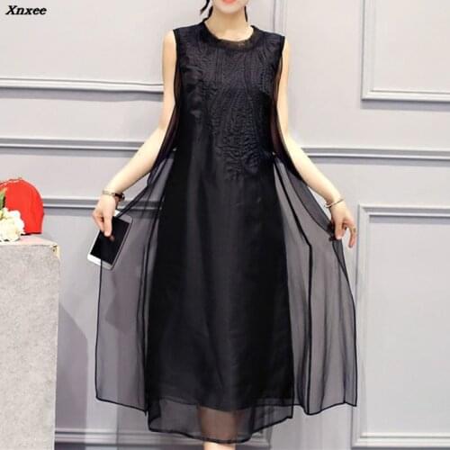 Women Vintage Elegant Dress Good Quality O-neck Mid-Calf vestidos Women Casual Sleeveless Loose Dresses Plus Size S-5XL Xnxee