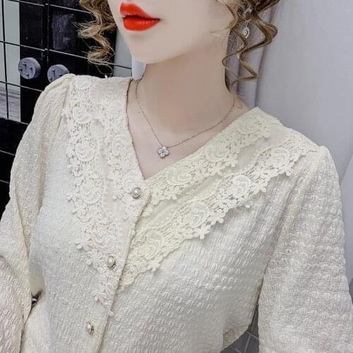 Woman Plus Size Xl Shirt Blouse Female 2021 Spring New V-neck Long Sleeve Lace Print Shirts Ladies Hollow Casual Tops H1176