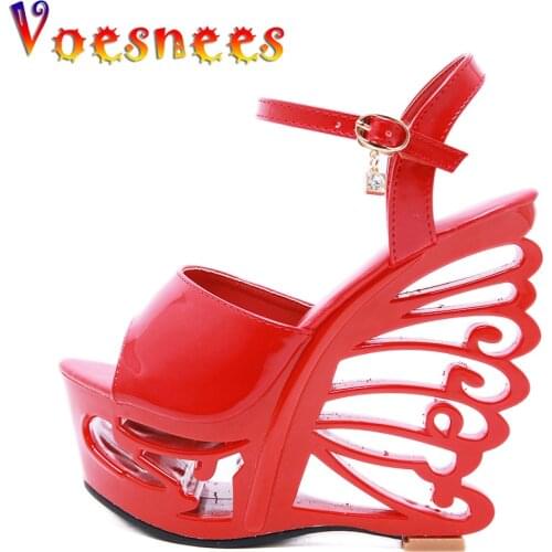 Voesnees Platform Sandals Women Peep Toe Heels 15 cm Strange Style Wedges Heel Ankle Buckles Sandals Black Red Party Shoes