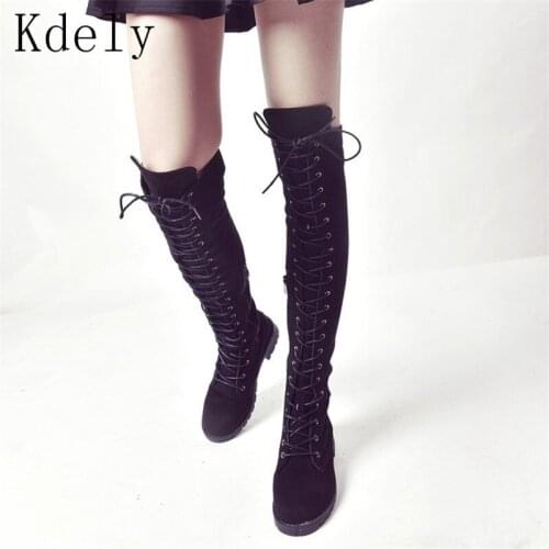 New Lace Up Over Knee Boots Women Boots Flats Shoes Woman Square Heel Rubber Flock Boots Botas Winter Thigh High Boots