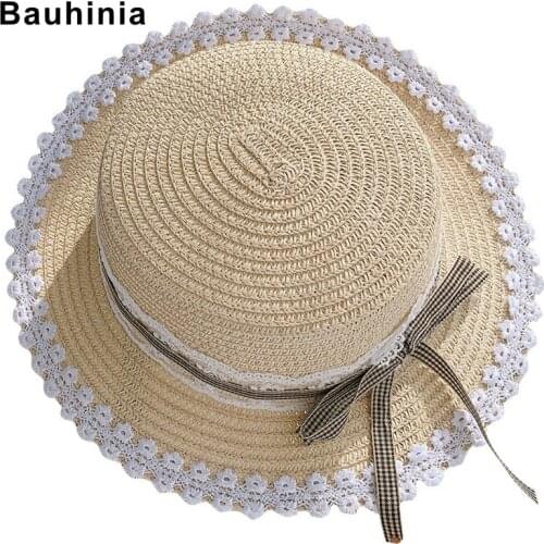 Bauhinia brand childrens straw hat female baby hat bow visor hat beach lace princess hat knitted big brim fisherman hat