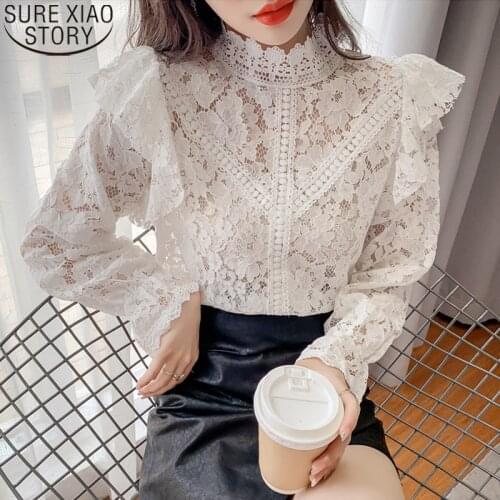 Elegant Women Shirt Autumn Long Sleeve Ruffles Tops Korean Sweet Hollow Out Blouse Lace Blouse Stand Collar Loose Clothes 16814