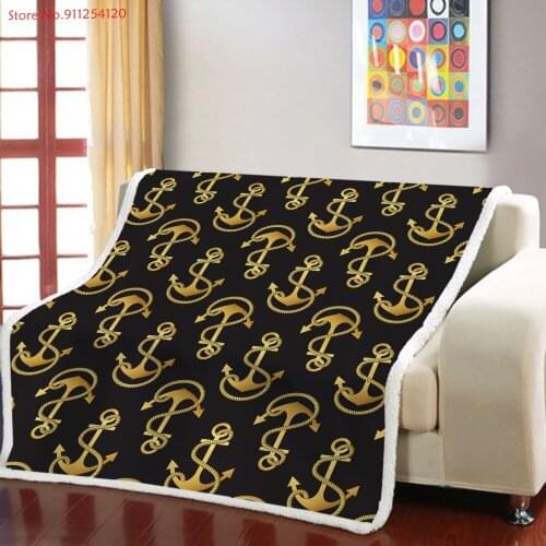 Nautical Series Sherpa Fleece Blanket Anchor Ripple Print Fleece Throw Sofa Couch Outdoor Bed Cover 180x230cm Home Nap Blanket
