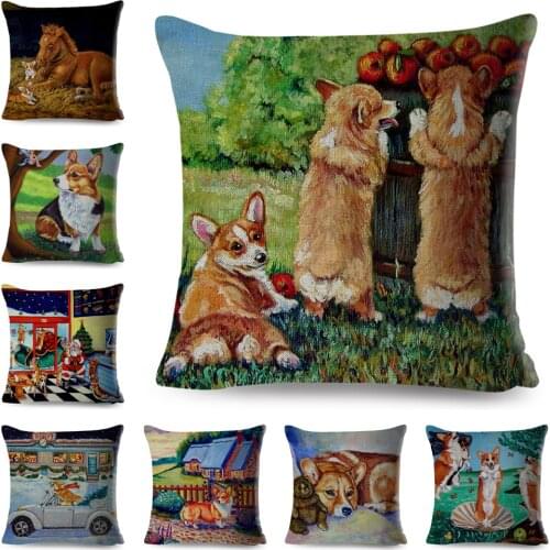Oil Painting Dog Pillow Case Covers Linen Welsh Corgi Pembroke Cushion Cover for Sofa Home Car Decor Cartoon Pillowcase 40x60cm
