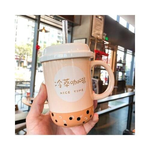 350ml Ceramic Coffee Mug Creative Cartoon Straw Cup With Lid and Handle Kawaii Boba Office Tea Mugs Breakfast Milk Cups