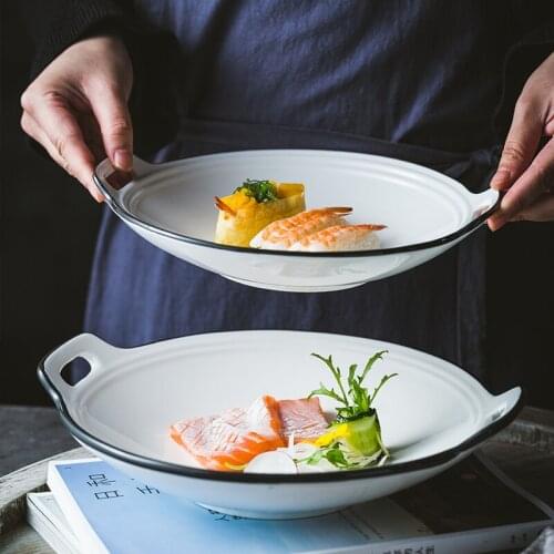 Nordic Ceramic Breakfast Plate Western Food Plate Ceramic Baking Pan Simple Black Line Home Hotel Tableware Dinner Plate Baking