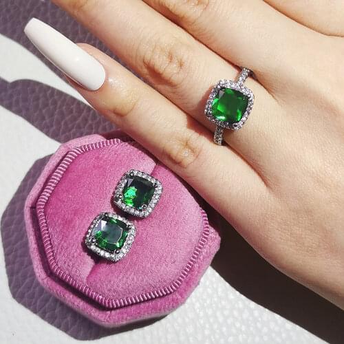 2pcs Pack 925 Sterling Silver Cushion Cut Zircon Jewelry Set Engagement Ring Stud Earring for Wedding for Women Gift J1099-GREEN