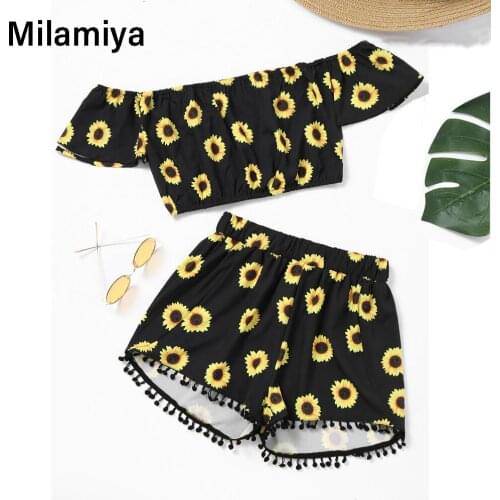 Crop Tops Tassel Shorts Two-piece Women Off Shoulder Sunflower Print Female Outfit Summer Tracksuit Clothes Streetwear 2021