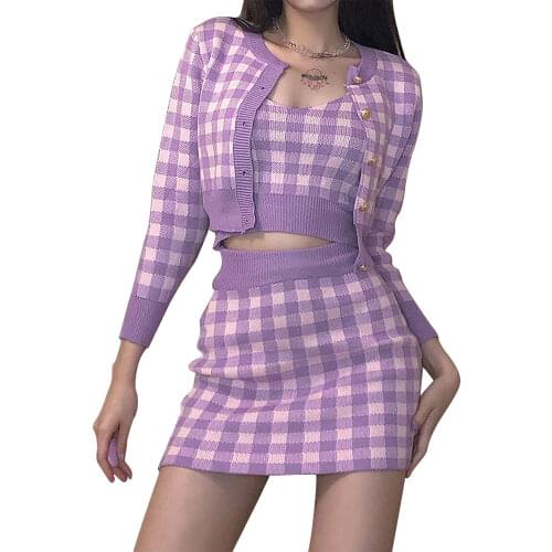 Ladies Breathable Leisure Suit Women Autumn Plaid Long Sleeve Single-breasted Knitted Tops + Short Bust Skirt + Camisole