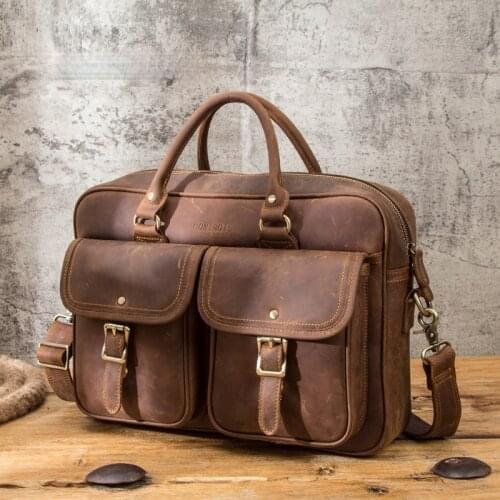 Crazy horse cowhide mens business briefcase can hold 15.6-inch laptop bag