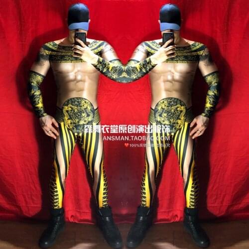 Bar Nightclub Male Singer Dj Ds Chinese Style Black Gold Robe Mens Jumpsuit New Year Theme Party 3d Muscle Costume Hip Hop Pants