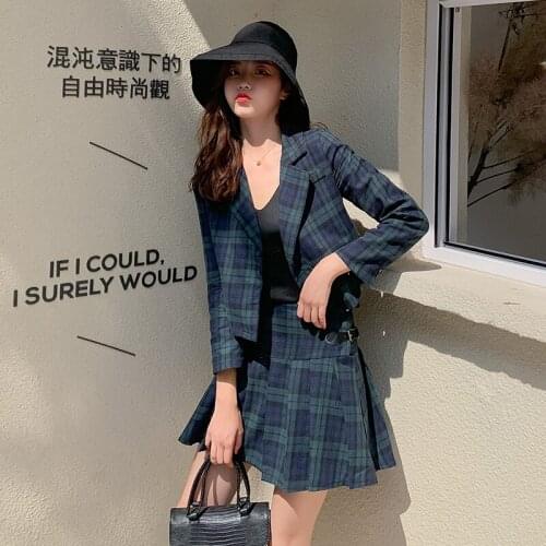 New cool joker Loose plaid jacket Work OL Single Breasted Striped Blazer Jacket Women suit pleated skirt suit Feminino