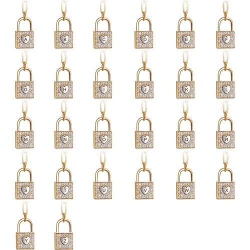 26pcs A-Z Alphabet Lock Shape Pendant with white stones 12.5x20mm English letters Lock Charms For Jewelry Making DIY Accessories
