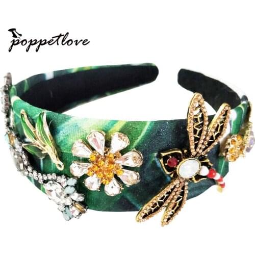 Vintage Gold Metal Crytal Flower Pearl Dragonfly Hair Bands Baroque Headband For Women Royal Hair Accessory