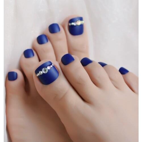 Pre-designed Fake Toenails Matte Rhinestone Decoration Diamond Blue Toe Tips Black Frosted Ladies Toes Nail