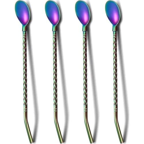 Rainbow Ice Tea Spoon with Straw Handle, Stainless Steel Titanium Rainbow Plating,4 Pieces