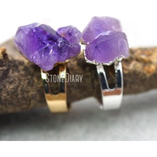 10Pcs Amethysts Beads Ring Gold Electroplated, Silver Plated Irregular Surface Free Form Ring For Sale Adjustable RM8929