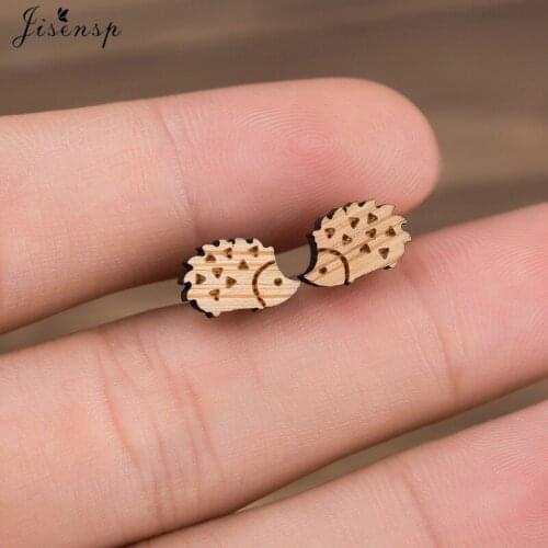 Jisensp New Engraved Animal Hedgehog Stud Earrings Wooden Fox Rabbit Post Earring for Women Everyday Jewelry pendientes mujer