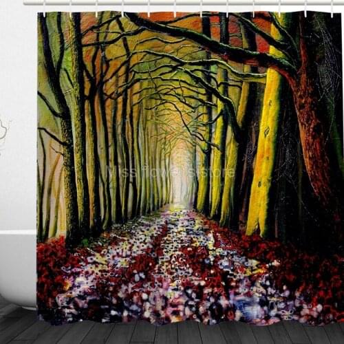 Multi-Size Oil Painting Flower Big Tree Channel Design Custom Shower Curtains Bathroom Waterproof Mildew Polyester Fabric+12Hook