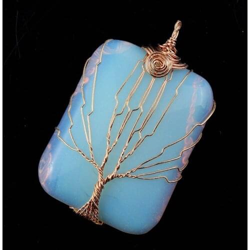 Trendy-beads Rose Gold Color Wire Wrapped Square Opalite Opal Pendant Fashion Jewelry For Mothers Day Gift