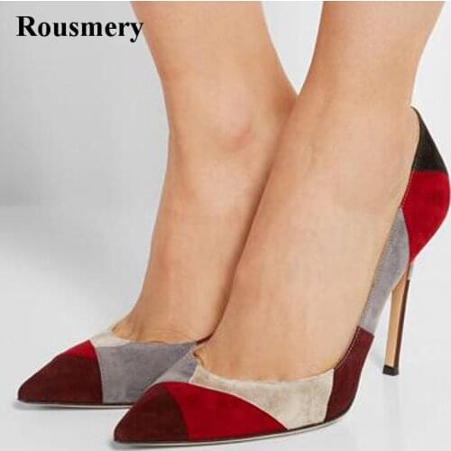 High Quality Women Fashion Suede Leather Grid Pumps Patchwork Color High Heels Formal Dress Shoes Free Shipping