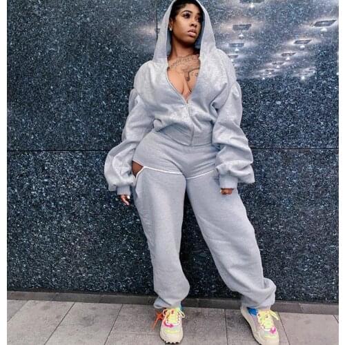 Ueteey New Fashion Two-piece Casual Loose Hole Design Solid Two-piece Pant Set