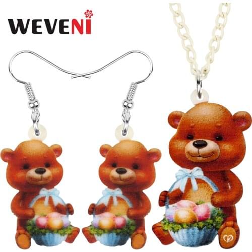 WEVENI Acrylic Cartoon Plush Bear Doll Basket Jewelry Sets Toy Animal Necklace Earrings For Women Girls Novelty Gift Accessories