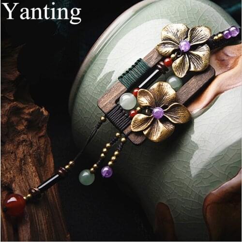Yanting Bronze Flower Long Necklace Square Wood Vintage Necklace Aventurine Crystal Ethnic Handmade Sweater Necklaces For Women