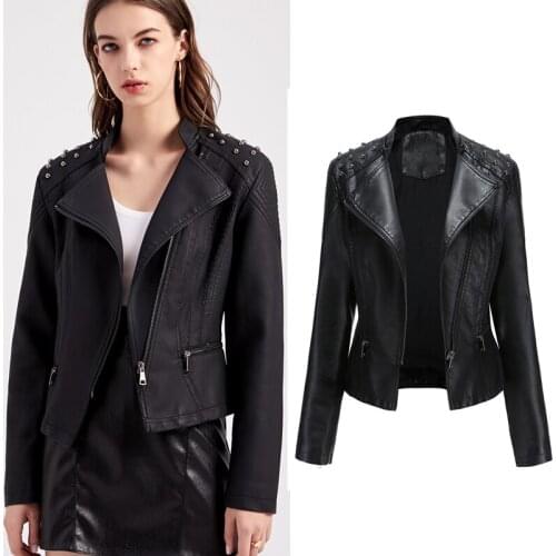 2021 Spring Autumn Women Faux Leather Jacket Ladies Solid Turn Down Collar Zipper Biker Coat Female Casual Outwear Jacket