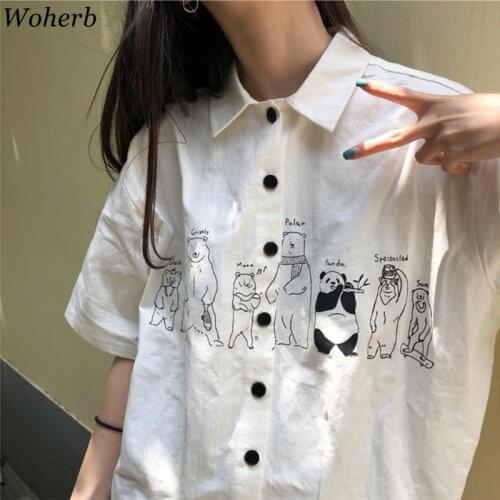 Woherb 2021 White Blouse Women Loose Japanese Style Cartoon Animal Print Kawaii Shirt Girls Cute Short Sleeve Blusas Summer Top