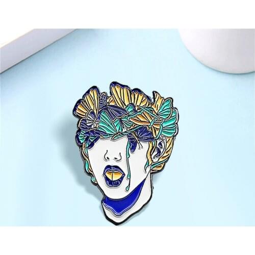 Cartoon Sad Woman Brooches Blue Yellow butterfly Elves Girl Enamel Pins Bag Brooch Lapel for kids Badge Jewelry Wholesale