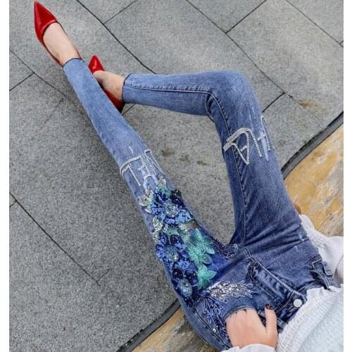 Womens Korean Fashion Flower embroidery Slim Jeans Female Sexy diamonds Jeans Plus Size Elastic long pants TB651