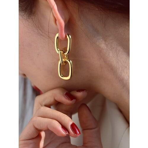 Brass With 18K Gold Geo Chained Drop Earrings Women Jewlery Punk Runway T Show Rare Gothic Japan South Korean Fashion