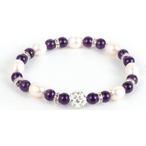 Women Girl Natural Stone Freshwater Pearls Bracelet Amethysts Crystal Turquois Labradorite Clay Rhinestone Beaded Bangle Jewelry